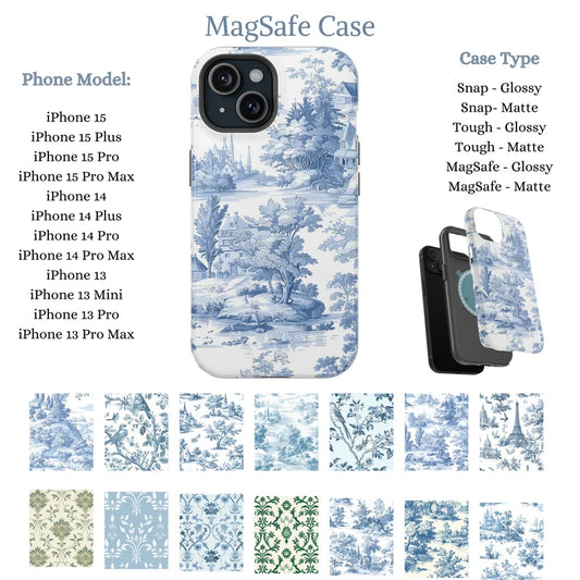 MagSafe iPhone Case • Slim, Snap, Tough Phone Case • Blue Toile De Jouy Phone Case • Elegant Phone Case• Elegant French Toile De Jouy Phone Case Timeless Blue & White Floral Design for iPhone Samsung Google Personalized Gift for Mom Girlfriend