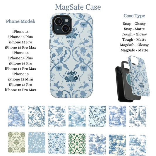 MagSafe iPhone Case • Slim, Snap, Tough Phone Case • Blue Toile De Jouy Phone Case • Elegant Phone Case• Elegant French Toile De Jouy Phone Case Timeless Blue & White Floral Design for iPhone Samsung Google Personalized Gift for Mom Girlfriend