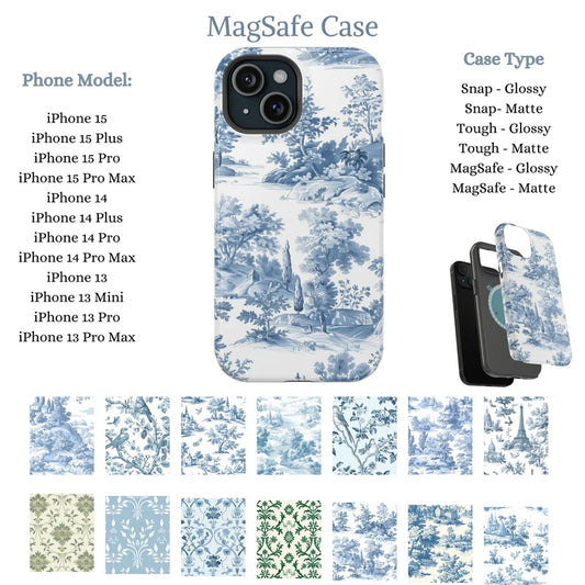 MagSafe iPhone Case • Slim, Snap, Tough Phone Case • Blue Toile De Jouy Phone Case • Elegant Phone Case• Elegant French Toile De Jouy Phone Case Timeless Blue & White Floral Design for iPhone Samsung Google Personalized Gift for Mom Girlfriend