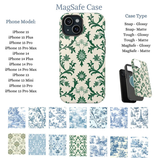 MagSafe iPhone Case • Slim, Snap, Tough Phone Case • Blue Toile De Jouy Phone Case • Elegant Phone Case• Elegant French Toile De Jouy Phone Case Timeless Blue & White Floral Design for iPhone Samsung Google Personalized Gift for Mom Girlfriend